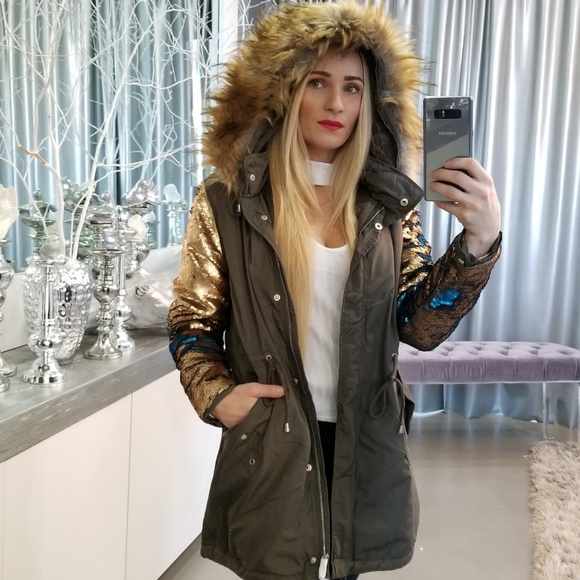 MODA ME COUTURE Jackets & Blazers - Olive Parka with Sequin Sleeves